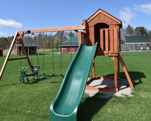 Wooden clubhouse play set with green slide and swings