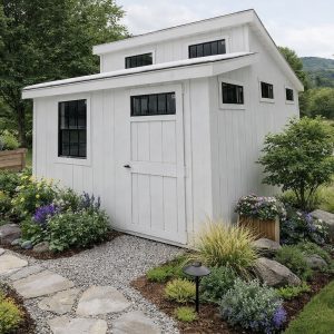 Ridgeview Studio Lean To shed rendered in a landscaped backyard setting