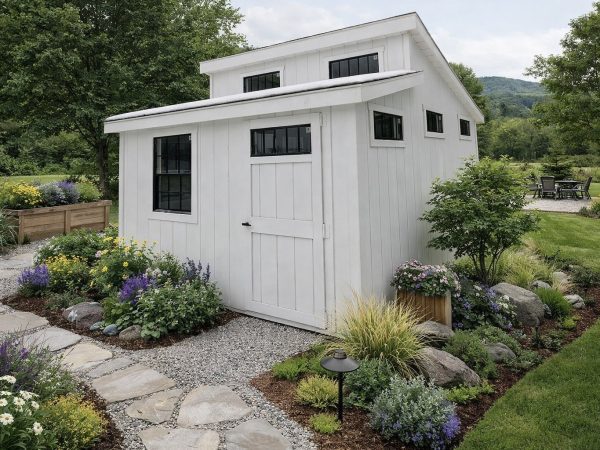 Ridgeview Studio Lean To shed rendered in a landscaped backyard setting