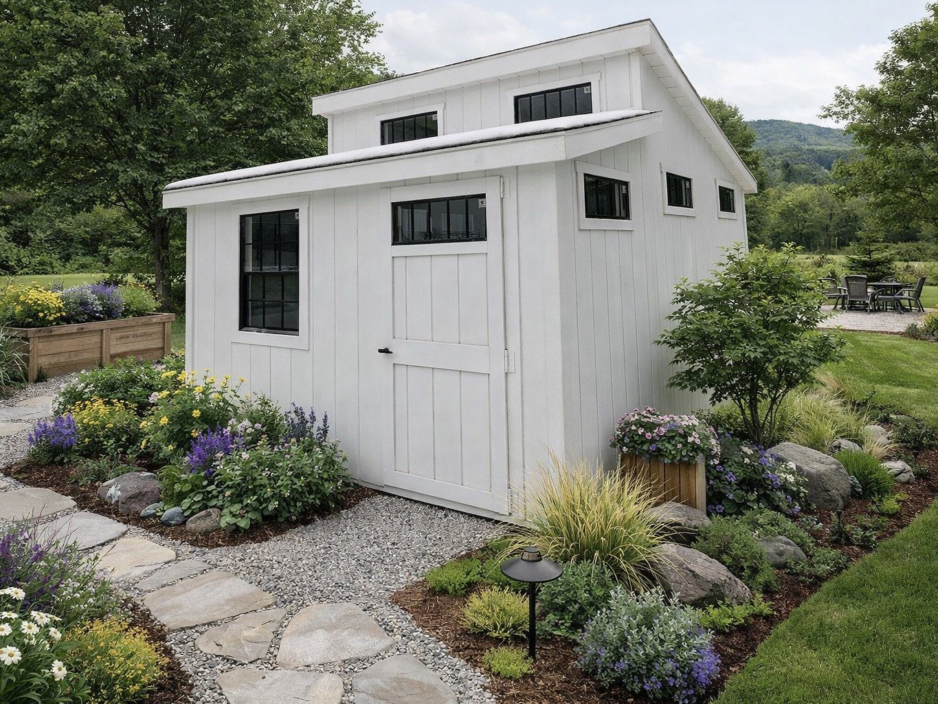Ridgeview Studio Lean To shed rendered in a landscaped backyard setting