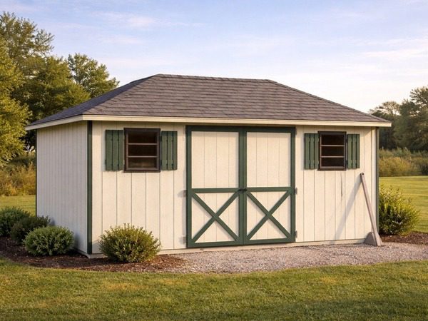 Classic Hip Roof Shed with double doors and louvered shutters