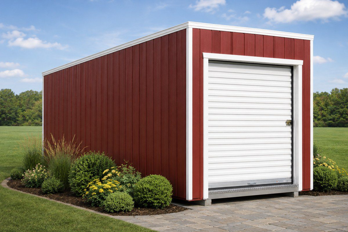 Red Storage Cube shed with roll-up door