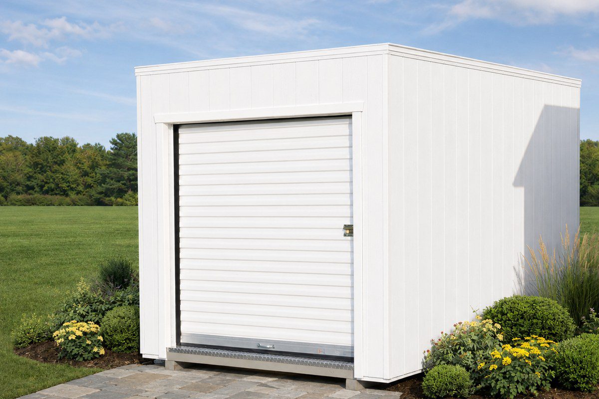 White Storage Cube shed with roll-up door