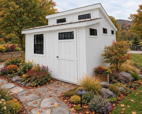 White garden shed and landscaped stone path in autumn