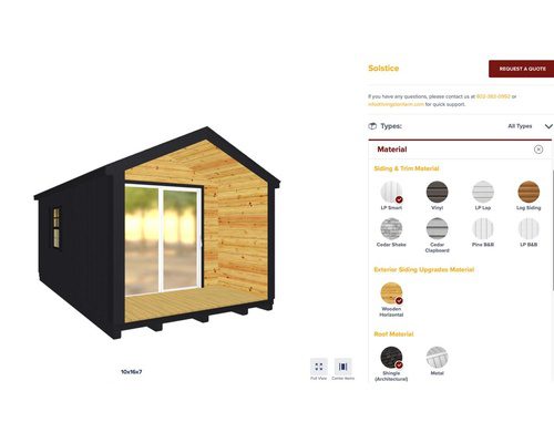 Solstice studio in Livingston Farm's 3D Shed Builder beside siding and roof material options.