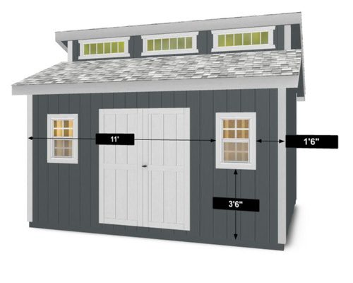 Gray shed design with white trim and on-screen window placement measurements in the 3D Shed Builder.